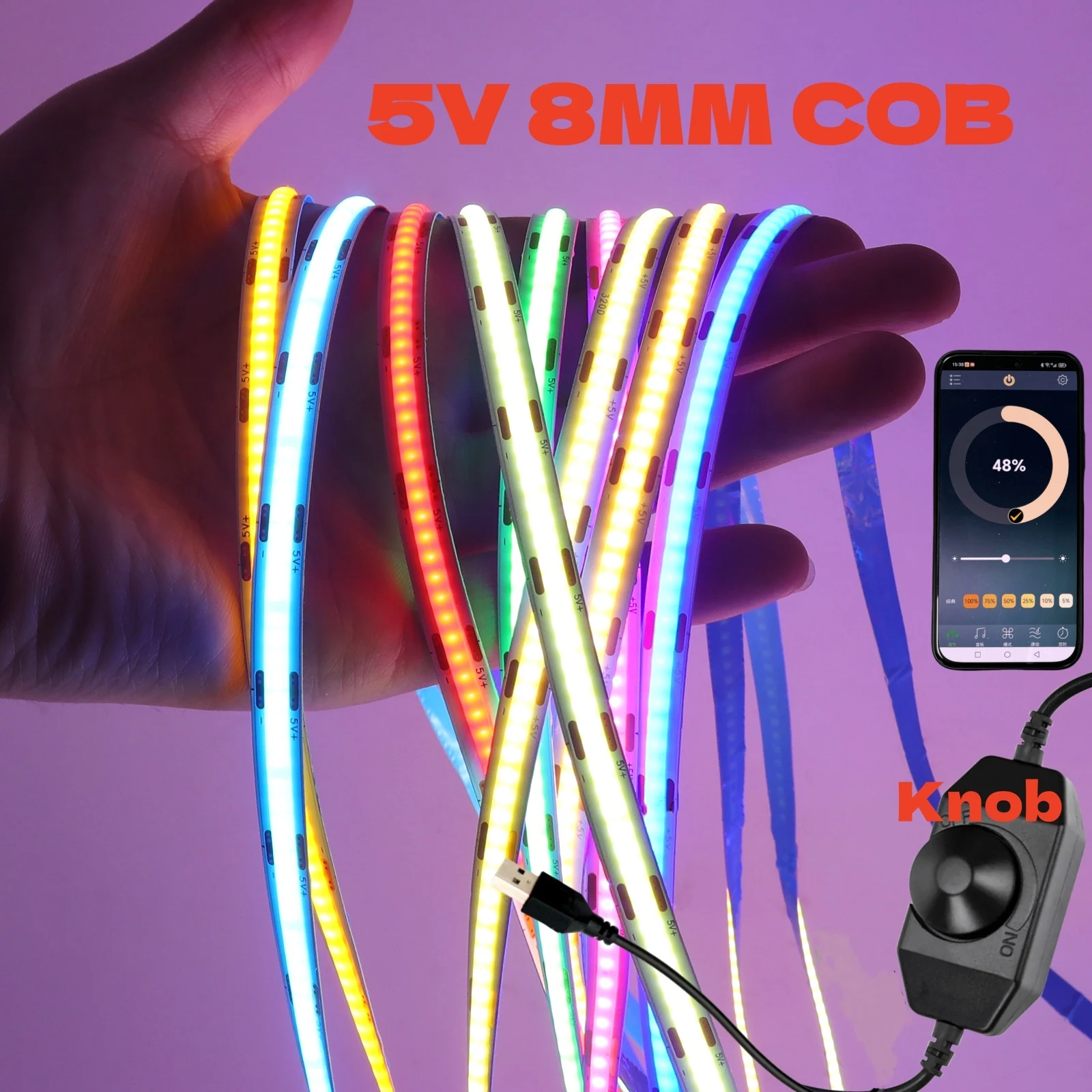 USB COB LED Strip Lights with Knob Dimmer Switch 5V 320LEDs Adhesive Tape Lamp 8MM PCB RA90 Linear Lighting For Home Room Decor