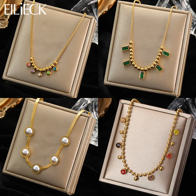 EILIECK 316L Stainless Steel Colorful Zircon Pearl Pendant Necklace For Women Girl Fashion Waterproof Neck Chain Jewelry Gift