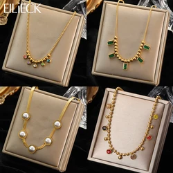 EILIECK 316L Stainless Steel Colorful Zircon Pearl Pendant Necklace For Women Girl Fashion Waterproof Neck Chain Jewelry Gift