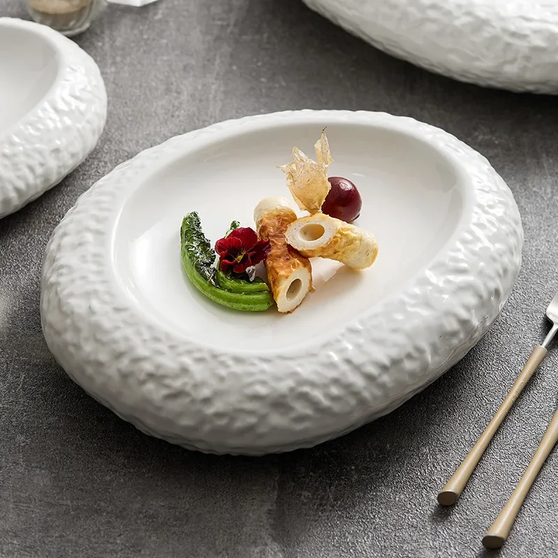 Double Layered Elliptical Ceramic Plates, Cold Dishes, Solid Color Irregular Tableware, Creative Specialty Restaurant Dishes