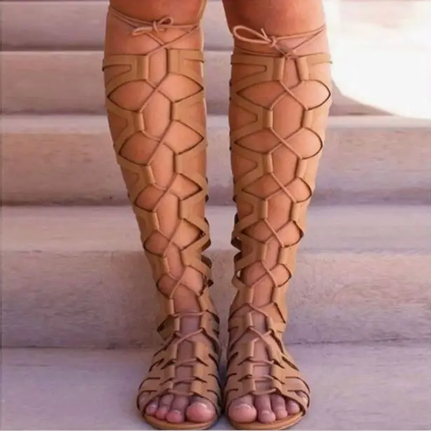 

New Girls Apricot Leather Cross Tied Lace Up Gladiator Cuts Out Hollow Flat Knee High Sandals Boots Beach Roman Long Botas Shoes