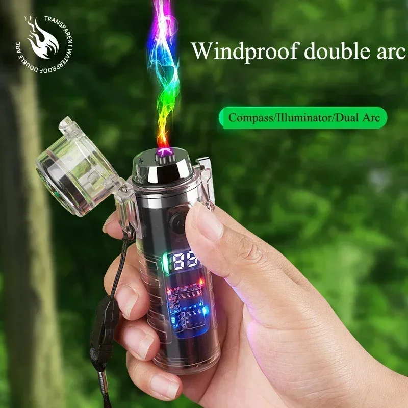 Outdoor Windproof Double Arc Pulse Flameless Lighter Flashlight Compass Multifunctional Lighter LED Display Sealed Waterproof