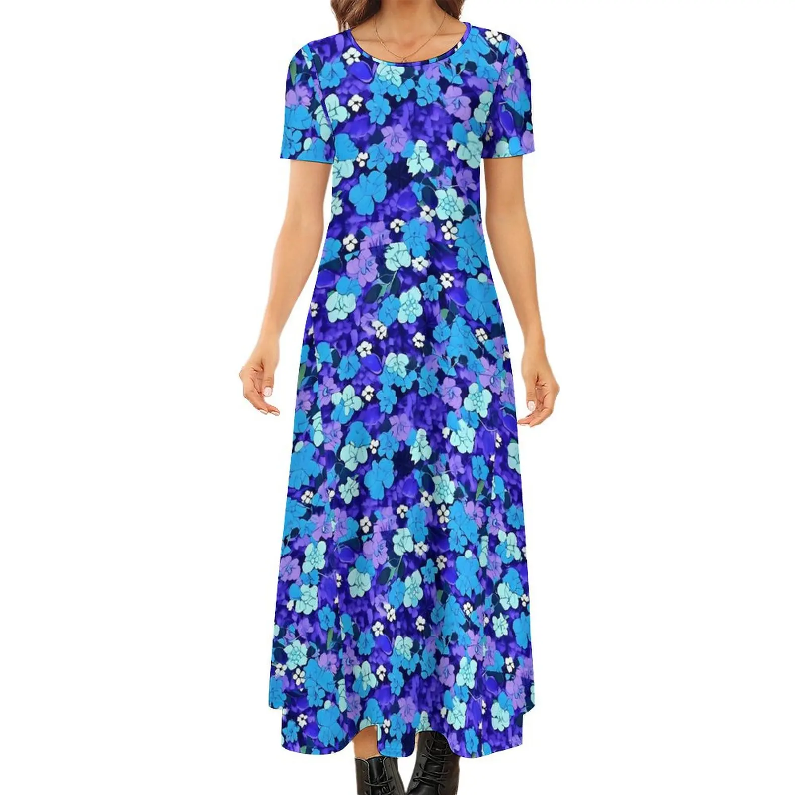 

Blue Flower Dress Ditsy Floral Print Kawaii Maxi Dress Female Short Sleeve Funny Boho Beach Long Dresses Big Size