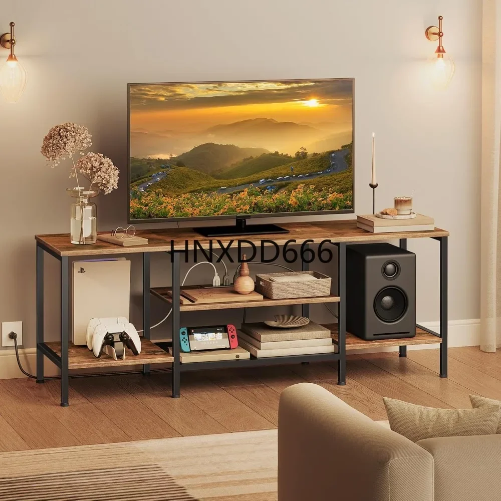 TV Stand with Power Outlets to 65 Inches, TV Console Table with Open Storage Shelves, Industrial Media Entertainment Center