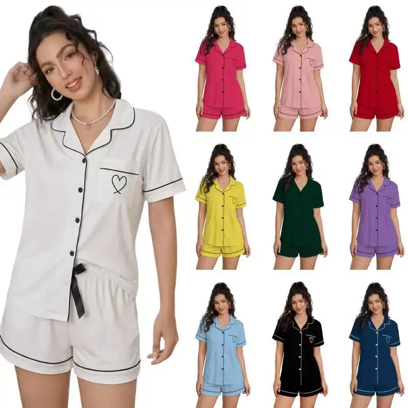 

Women's Pajama Casual Set Heart Embroidered Pocket Pajama Button Short Sleeve Top and Shorts Pajama Casual Home Clothes