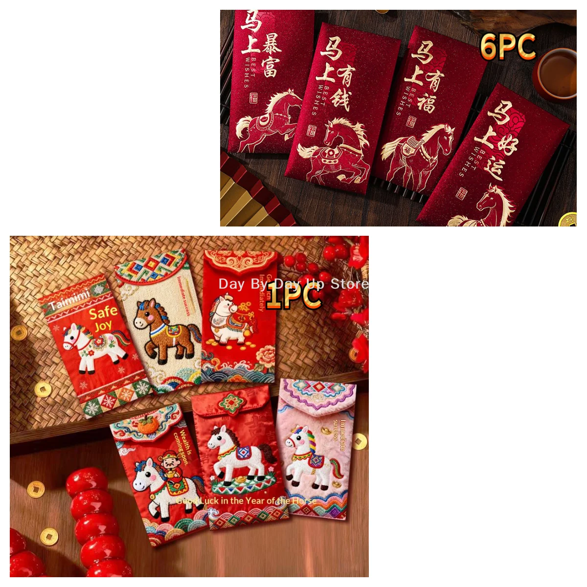 

2026 Year of the Horse 6-Piece Set of Red Chinese New Year Envelopes; Fortune Money Bag