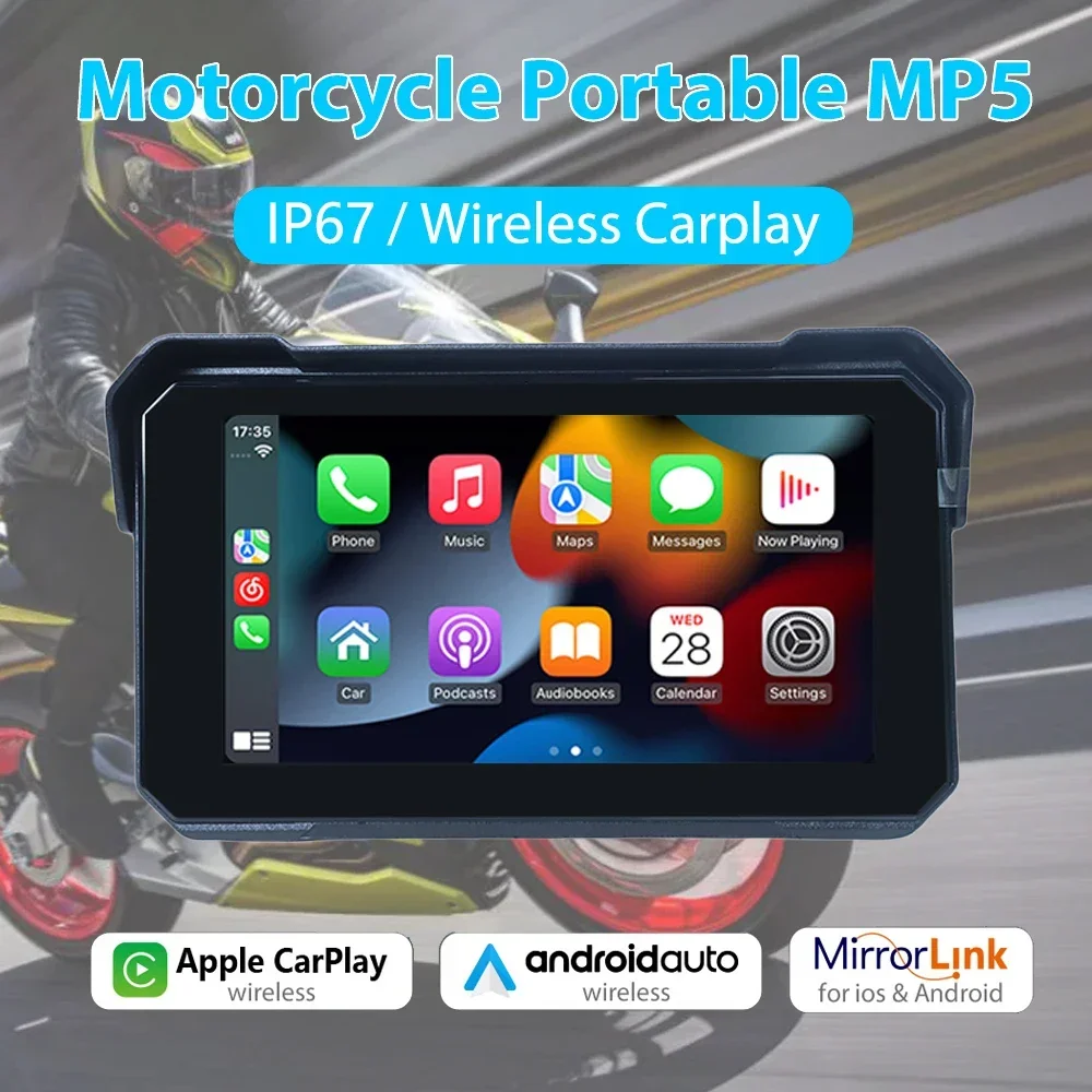 5 Inch Motorcycle GPS Navigation Multimedia Player with Wireless CarPlay and Android Auto IP67 Waterproof Dashboard Screen