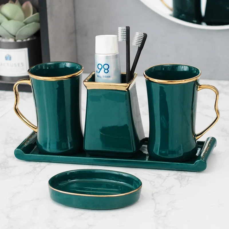 Green Bathroom Wash Kit Ceramics Mouth Cup Set Soap Dispenser Five Piece Northern Europe Home Couple Supplies