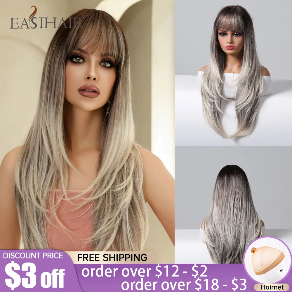 Synthetic Wigs Ombre Silver Gray Long Straight Layered Wigs with Bang for Women Daily Cosplay Party Natural Heat Resistant Wigs