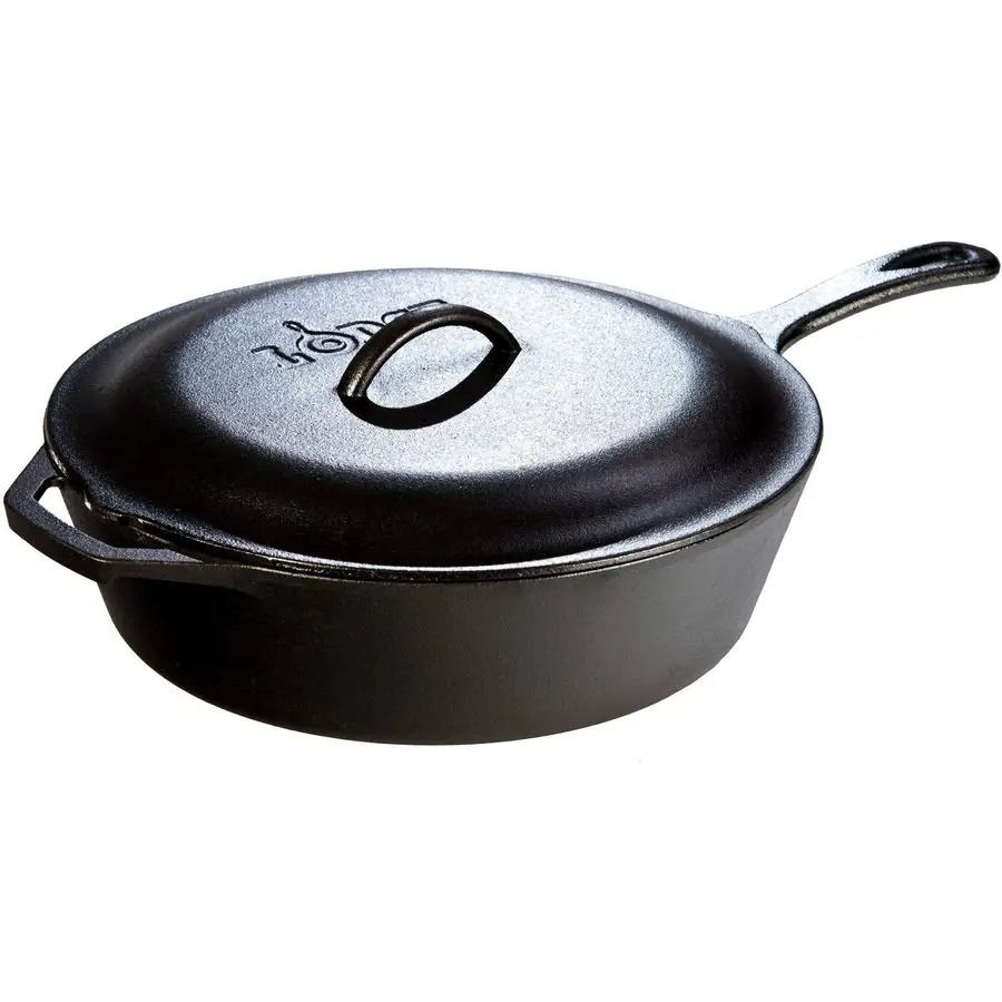 

5 Quart PreSeasoned Cast Iron Deep Skillet with Lid Signature Teardrop Handle amp Assist Handle Use in the Oven, on the Stove or