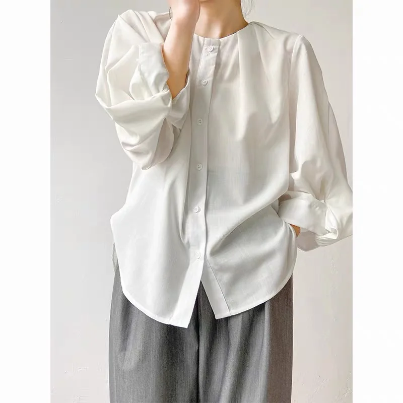 Women French Style Solid Bubble Sleeve Shirts Spring Autumn Chic Cuff Folds Blouses Clothing Casual Loose All-match Button Tops