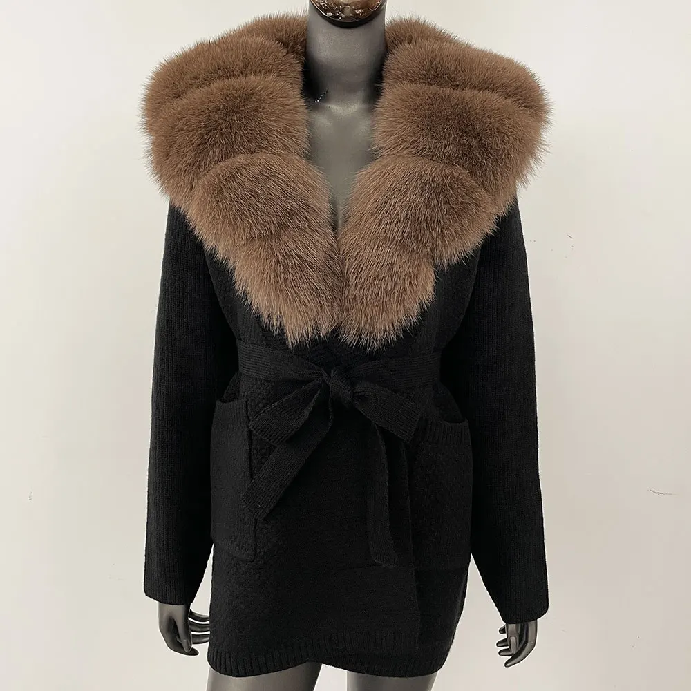 OFTBUY Giacca in pelliccia di procione naturale con cappuccio Autunno Cappotto in vera pelliccia di volpe Cardigan lavorato a maglia Capispalla donna Manica lunga Moda femminile