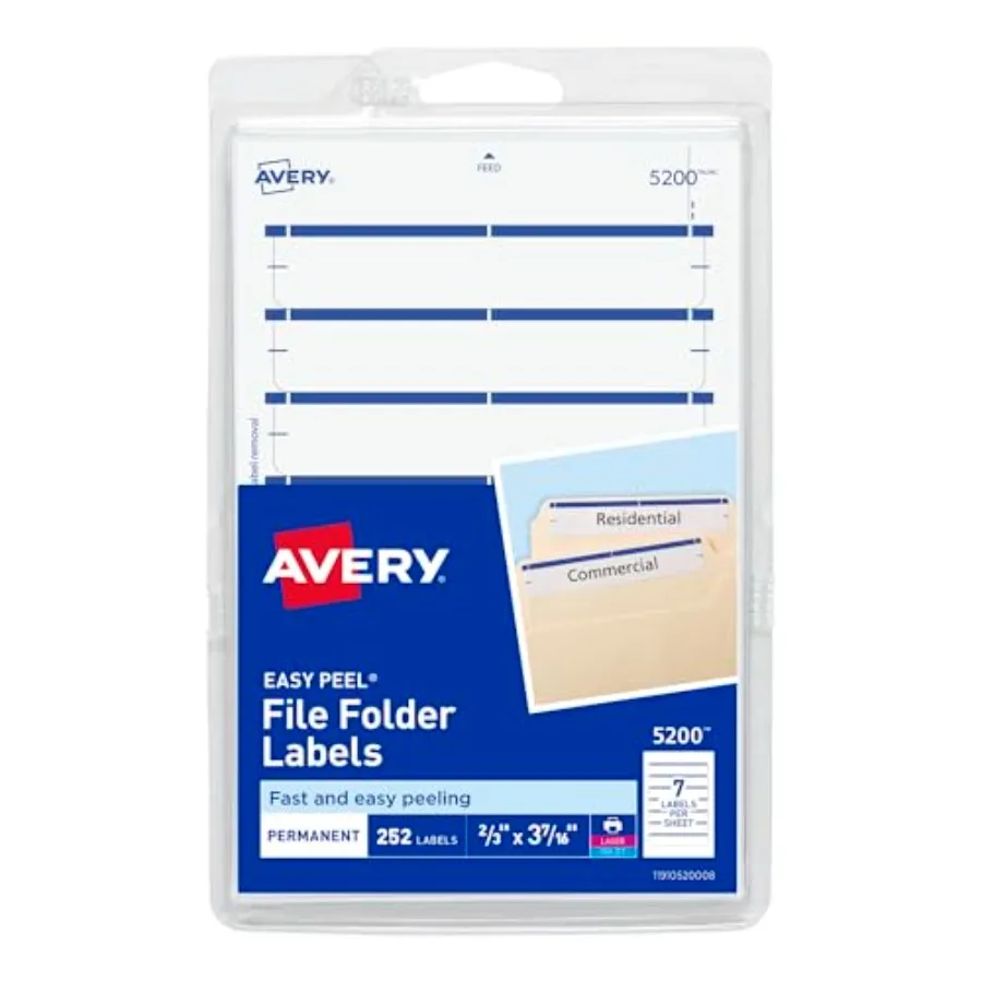 

File Folder Labels on 4 x 6 Sheet Easy Peel White Blue Print Handwrite 2/3 x 3-7/16 252 Labels 5200