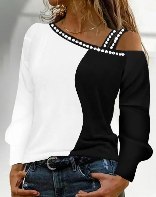 Tops Women 2022 Trendy Fashion Colorblock Rhinestone Cold Shoulder Top Casual Long Sleeve Tee All-Match Female T-shirt