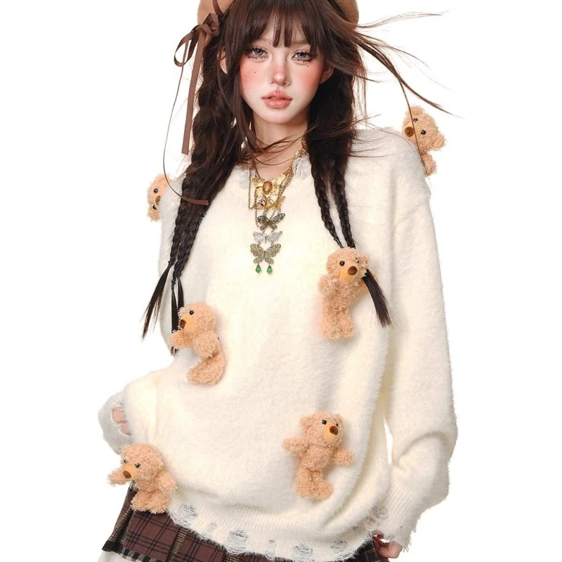 Suéter japonés Kawaii de manga larga para mujer, jersey informal Y2k de Color sólido con retales de osos dulces, jersey ajustado con cuello redondo para primavera y otoño