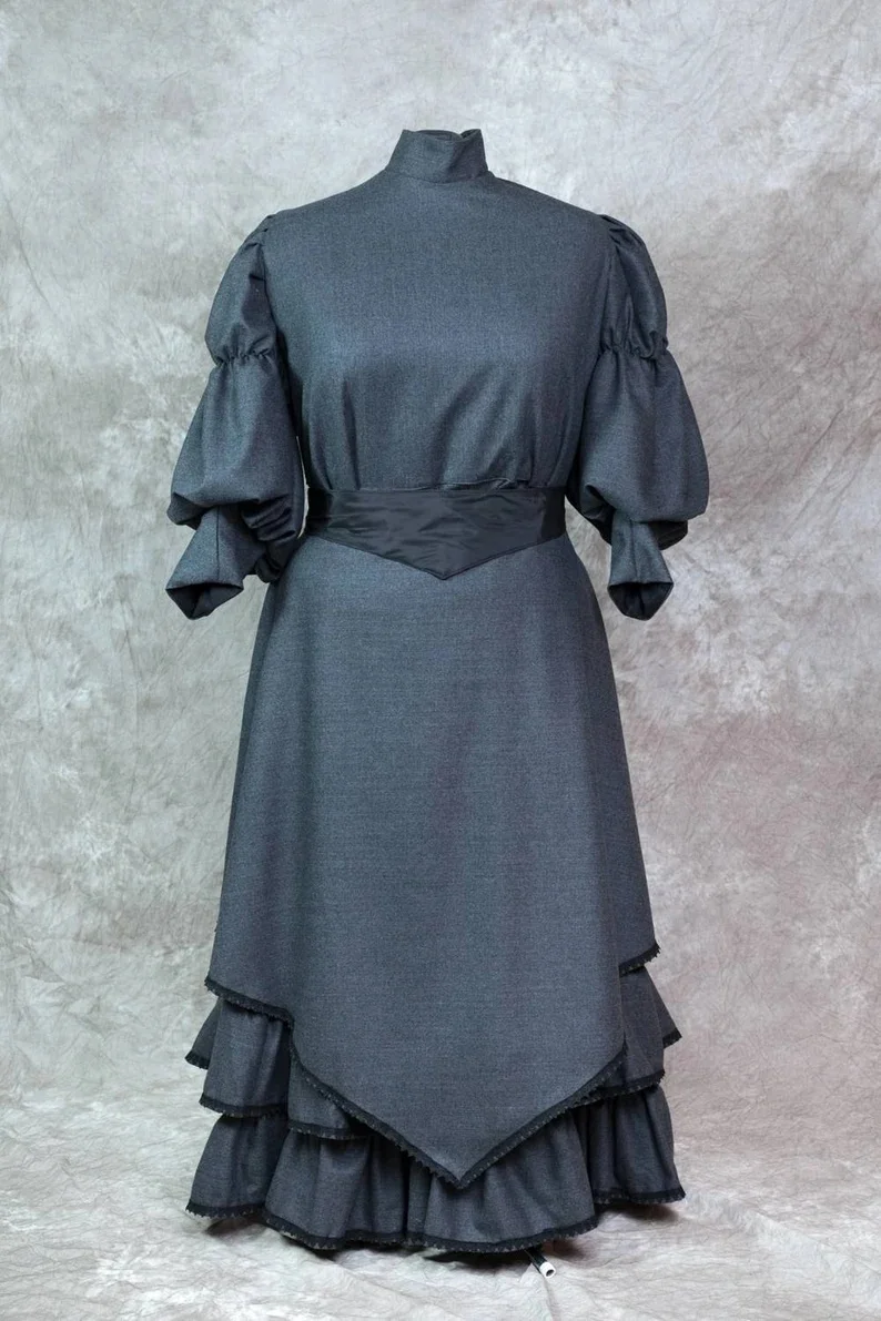 زي الحداد التاريخي الفيكتوري الإدواردي دوقة القوطية فستان المشي الأسود الحرب الأهلية جنوب حسناء الروكوكو الكرة ثوب