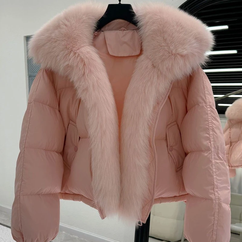 Grande gola de pele para baixo jaqueta feminina nova moda inverno estilo estrangeiro pequeno homem engrossado pato branco para baixo jaqueta quente cor pura