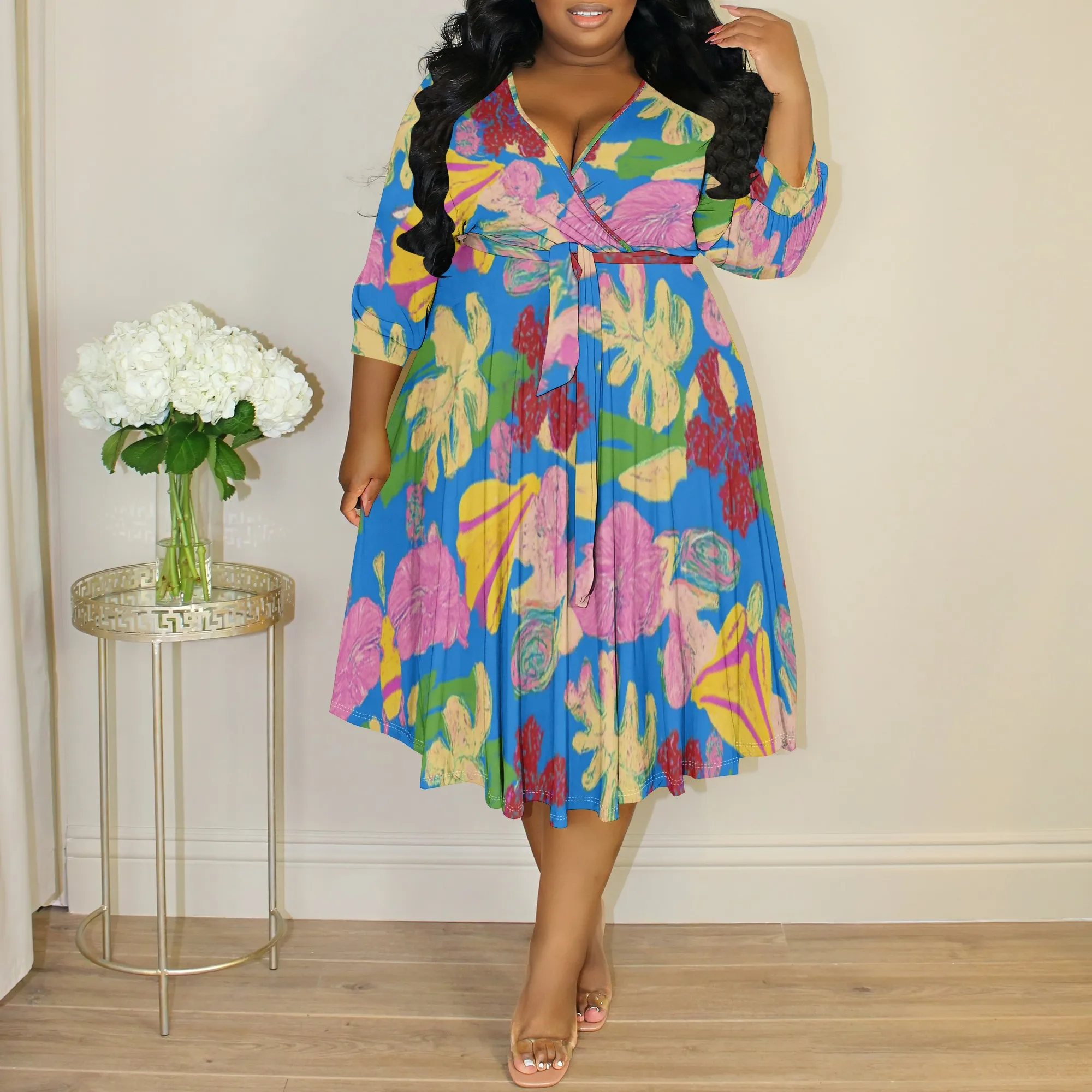 

Plus Size Colorful Floral Wrap Midi Dress XL-6XL V-Neck Tie Waist 3/4 Sleeve for Spring Party, Vacation or Garden Wedding