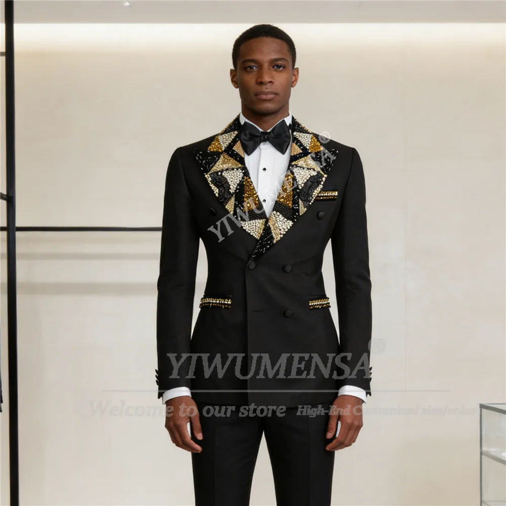 

Luxury Beaded Stones Suits Men For Wedding Double Breasted Jacket Pants 2 Piece Set Groom Tuxedos Customized Male Fashion Outfit