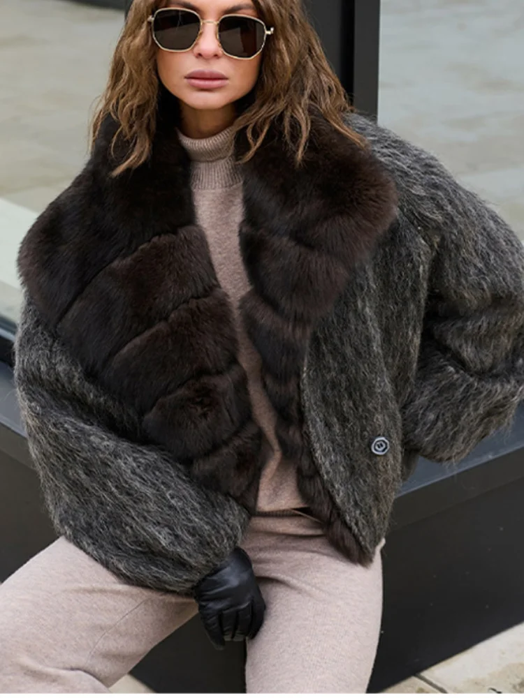 

Women Fake Fur Gray Series Cotton Padded Warm Jacket Elegant Vintage Trendy Thick Jacket New Lady High Street Commute Clothing