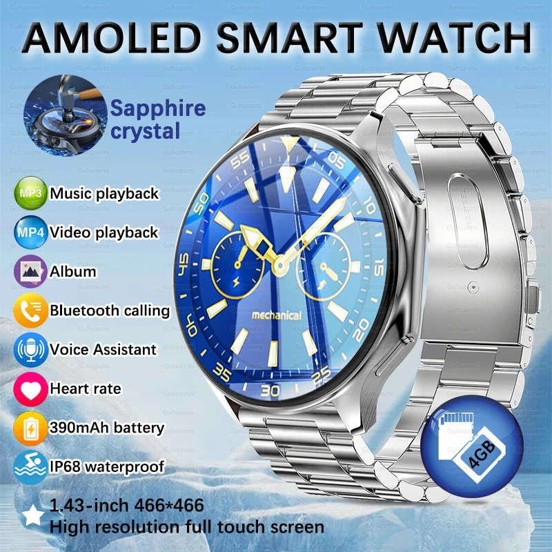 

New 1.43 AMOLED 4GB RAM Smart Watch AOD IP68 Waterproof Heart Rate Sports Smartwatch MenWomen BT Call Connect Earphone TWS Music