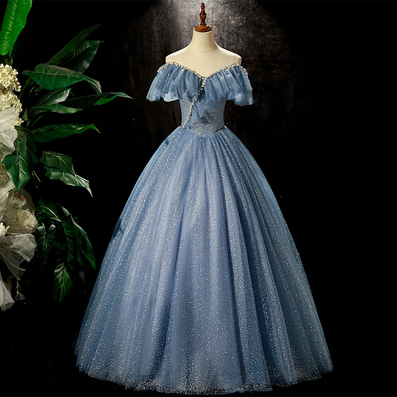 Abito da ballo blu personalizzato Abito da ballo in tulle lucido lungo fino al pavimento Vestido De Quincenera Classico con spalle scoperte Semplice abito da ballo gonfio