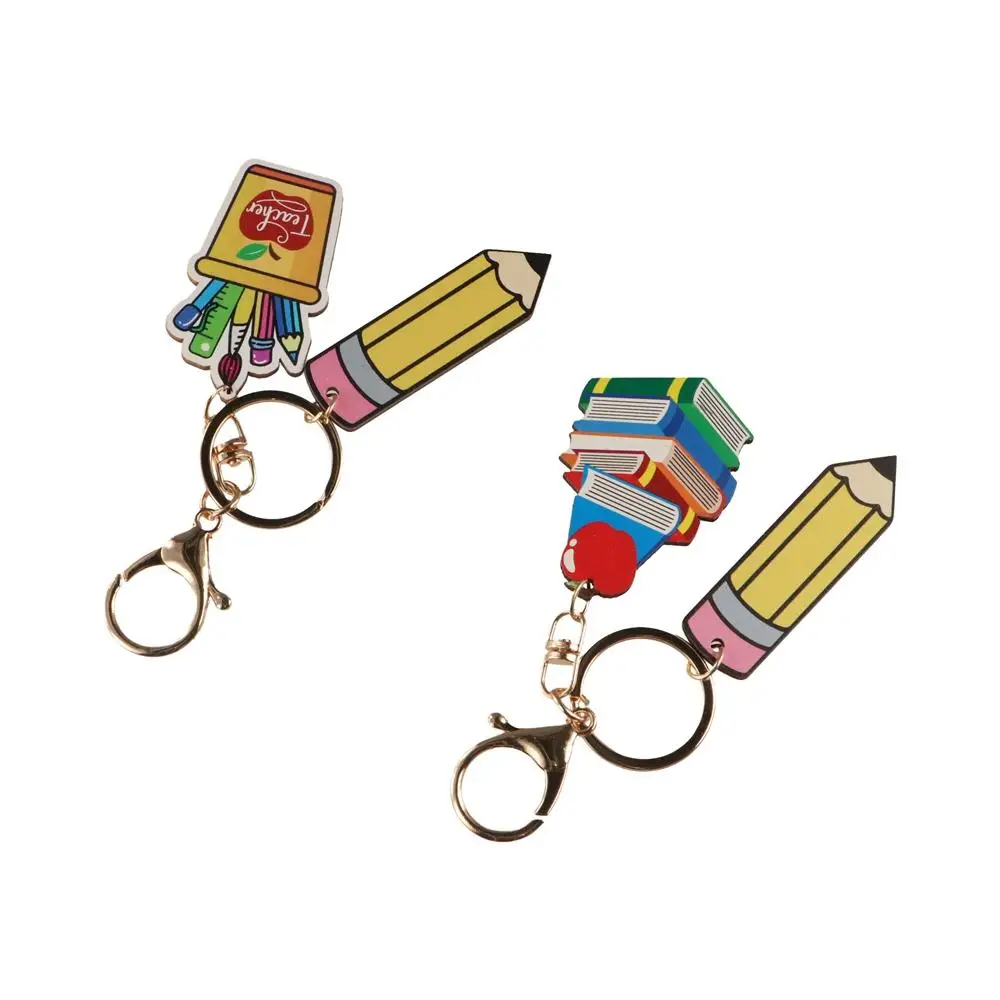 Wooden Pencil Rainbow Keychain English Letter Geometric Shape Teacher's Day Keychain Trinket Charm Teacher Education Pendant