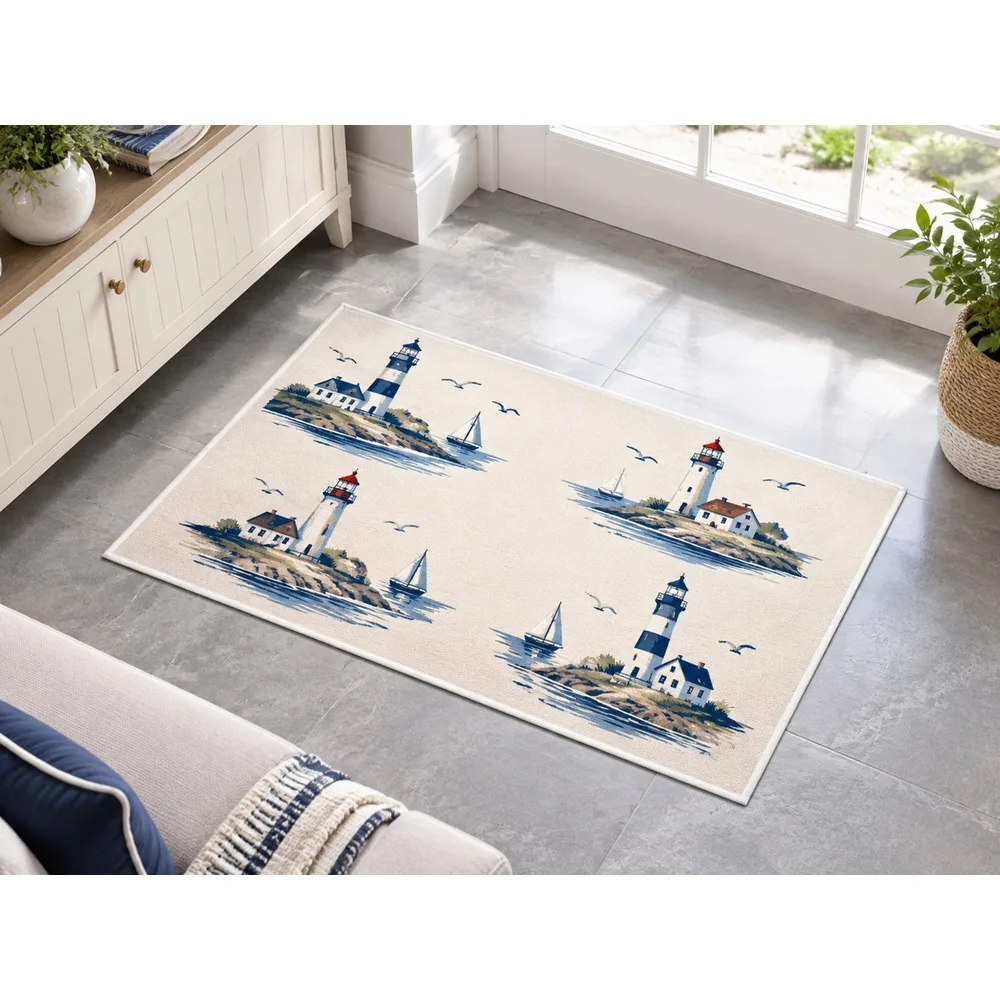 VIKAMA British Navy Cream Lighthouse Coast Flannel Door Mat, Soft Flannel Non-Slip Mat, UK Home Decor for Front Door, Kitchen