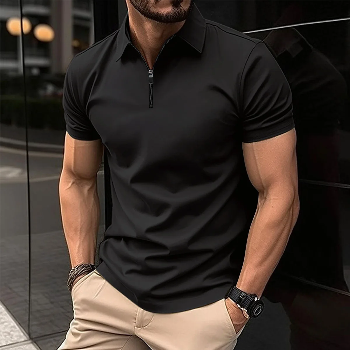 Summer new men\'s casual lapel short-sleeved T-shirt zipper solid color men\'s sports polo shirt