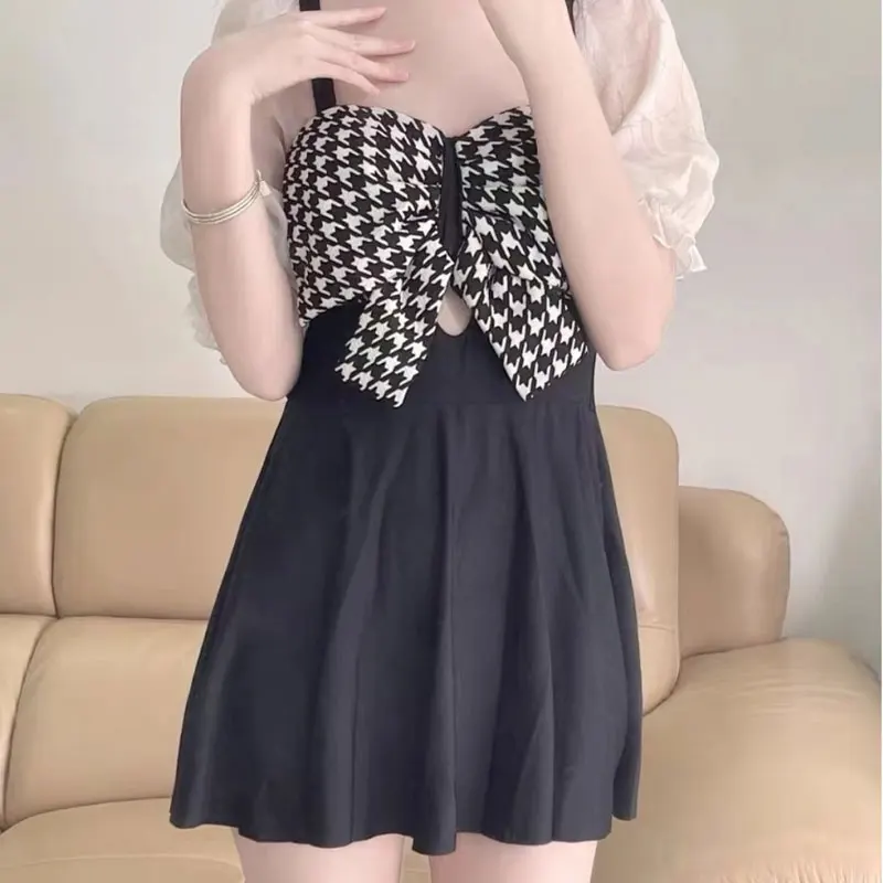 Elegant Fashion Harajuku Slim Fit Female Clothes Loose Casual All Match Bathing Suits Flounce Bow Short Sleeve One Piece Skirt