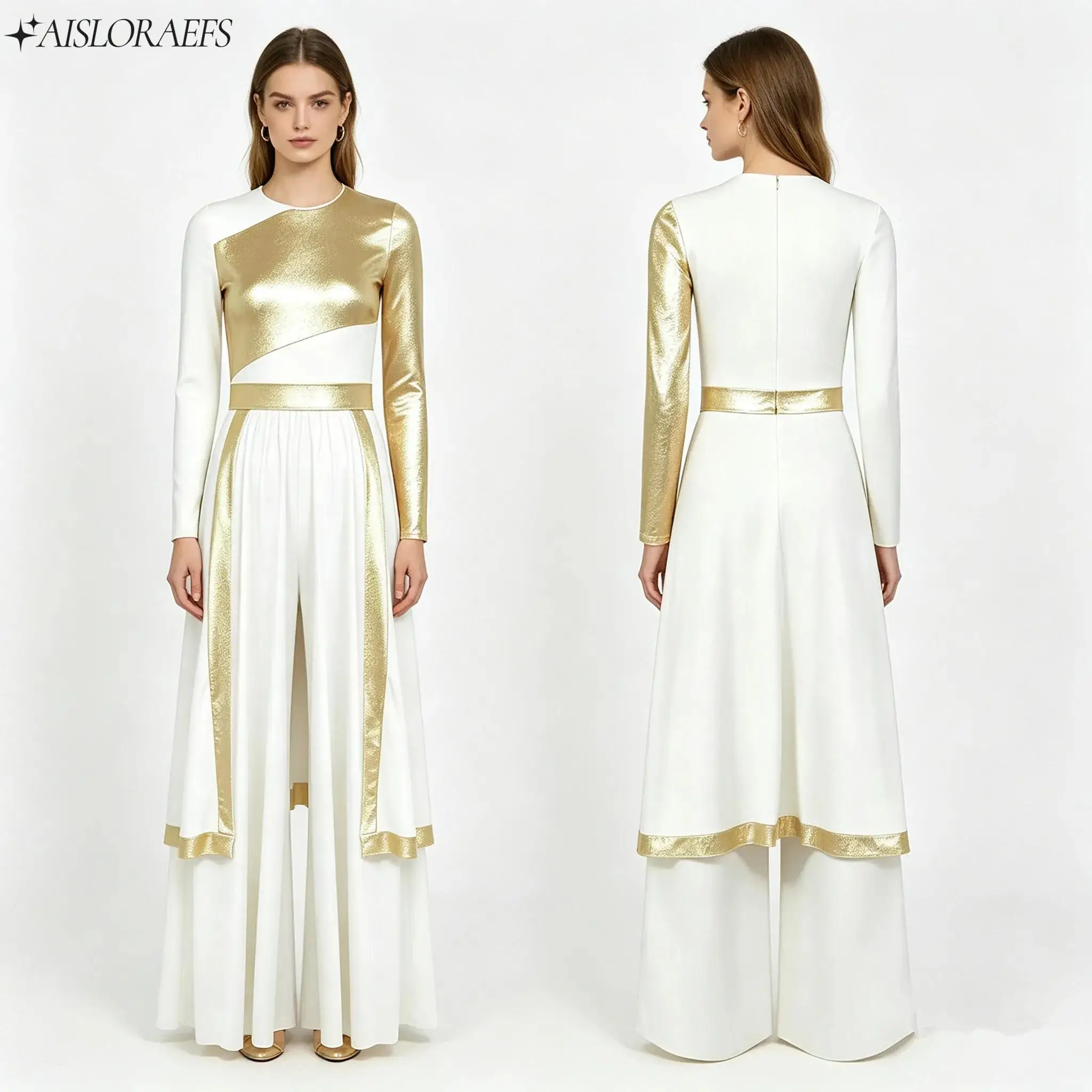 Women Long Sleeve Metallic Zipper Praise Lyrical Dance Wide-leg Jumpsuit Dress for Worship Liturgical Church Choir Performance
