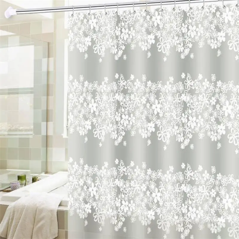 Bathroom Waterproof Shower Curtain Set With Hooks White Flower Vine Print Mildew Proof Curtains Translucent Bath Screen Decor