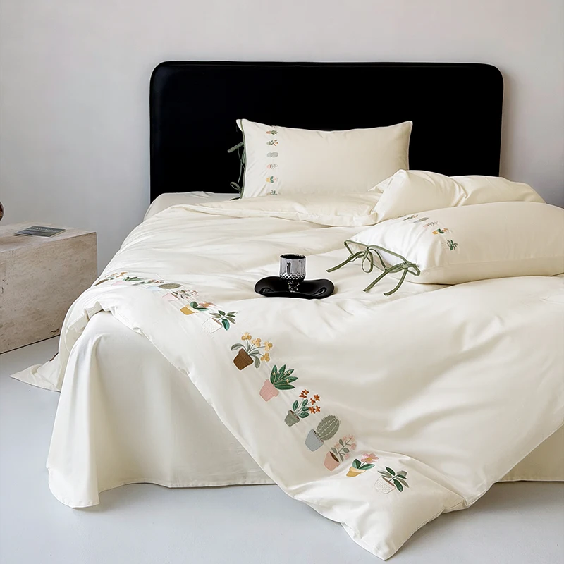 

Luxury Cartoon Flowers Embroidery 600TC Long Staple Cotton Bedding Set Duvet Cover Set Flat/Fitted Bed Sheet Pillowcases