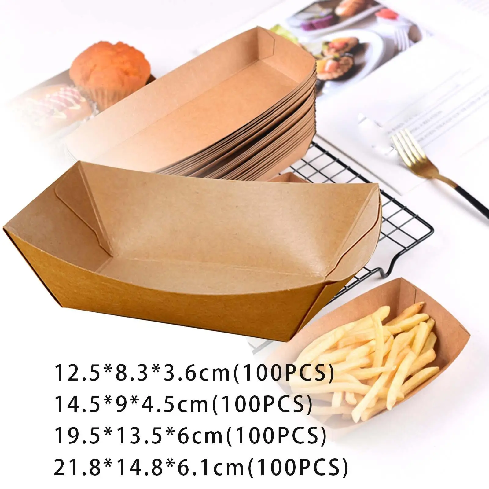 100x Paper Food Boats Packaging Tray Recyclable Heavy Duty Disposable Serving Tray for Nachos Dessert French Fries Snack Party
