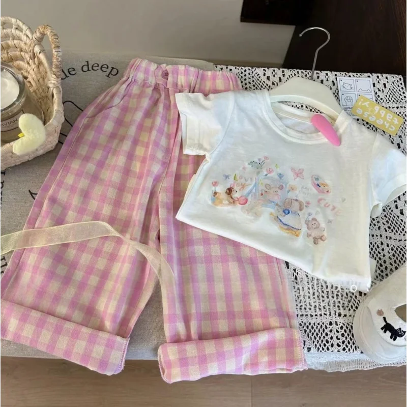 

Girls summer short sleeveTT-shirt Casual Western Style Plaid Cropped Pants Western Style Versatile Cartoon Printed Short Sleeve