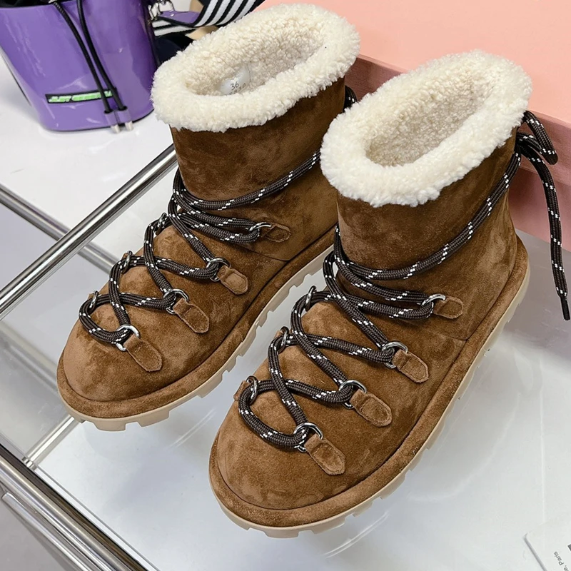 high-quality Women\'s Boots 2024 new cowhide suede snow boots all made of real wool flat bottom winter warm women\'s shoes