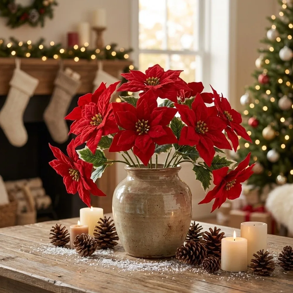 10 Pcs Red Velour Poinsettia Flower Picks 16 Inch Artificial Stems For Christmas Tree Wreath Garland Home Party Floral Decor