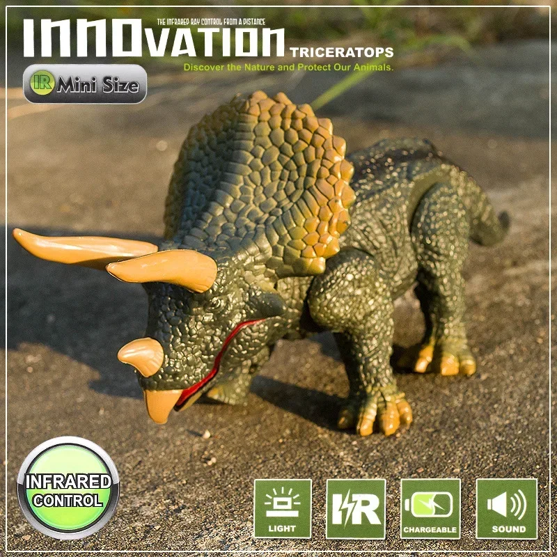 Remote Control Dinosaur Toy Simulation Electric Walking Triceratops Toy Glowing Eyes Open Mouth Roaring RC Jurassic Dinosaur Toy