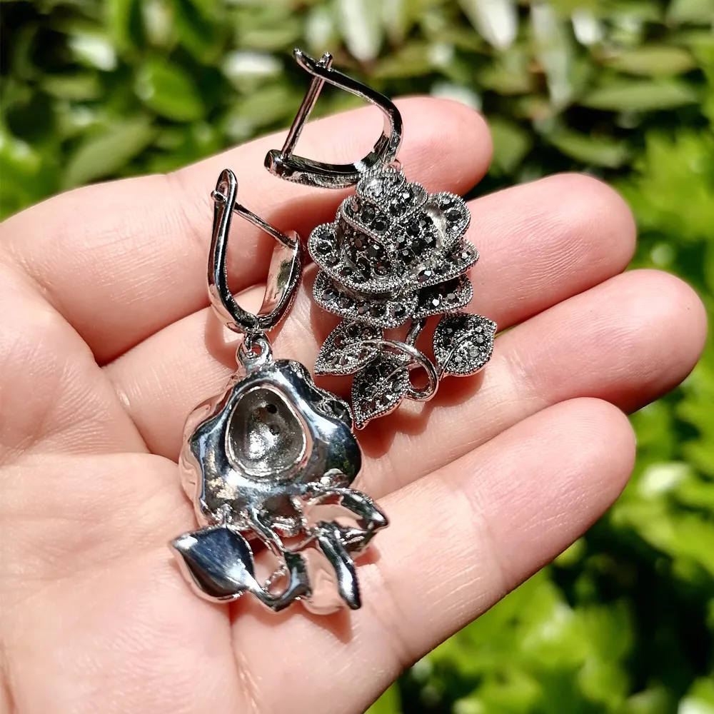 Ajojewel Black Marcasite Rose Flower Jewelry Sets For Women Vintage Necklace Earring And Ring Elegant Gift For Party/Wedding