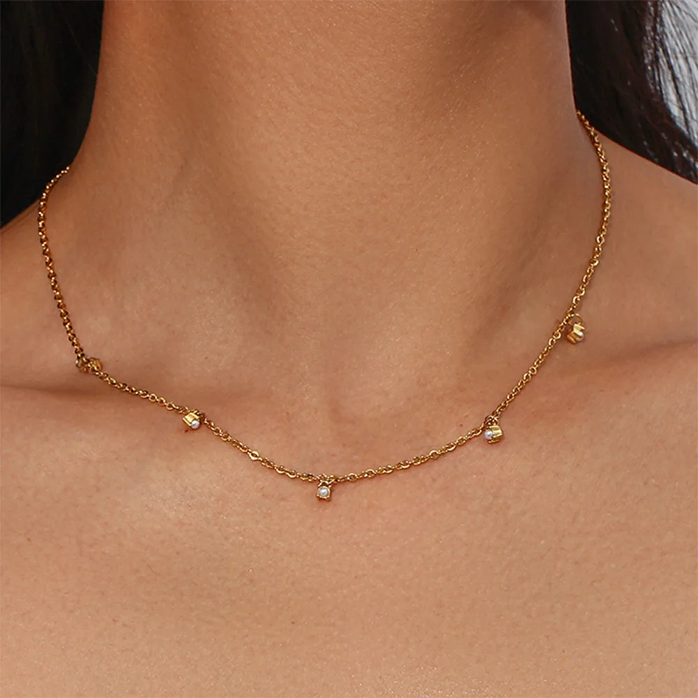 

Elegant Thin O Chain Mini Zircon Pearl Pendant Choker Charming Clavicle Necklaces for Women 18K Gold Plated Waterproof Jewelry