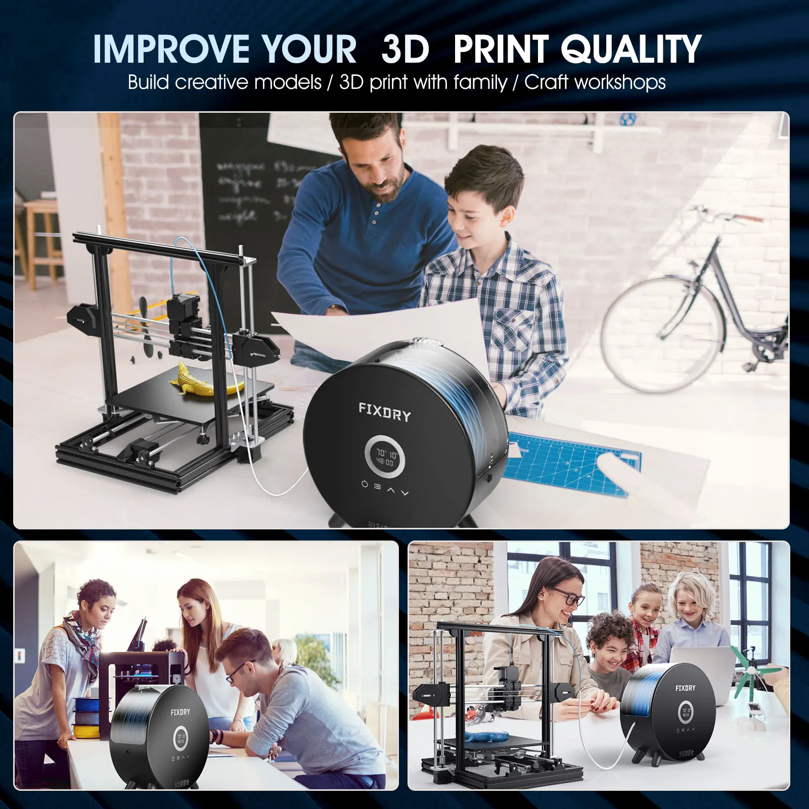 FIXDRY-secador de filamentos para impresora 3D, caja con pantalla táctil NT2, calentamiento envolvente de 360 °, temperatura ajustable de 45 ℃-70 ℃,