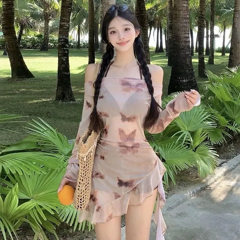 

Women's 3 Piece Sheer Mesh Beach Cover Butterfly Print Asymmetrical Long Sleeve Dress with Halter Bikini Top Bottom