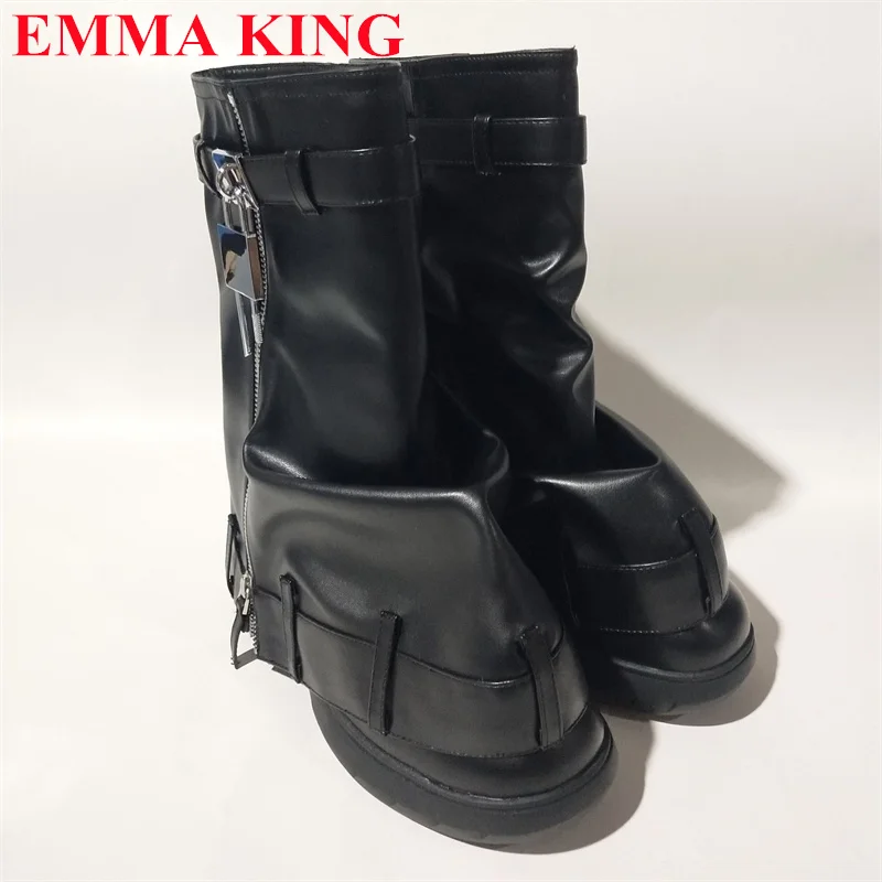 Women's New Ankle Boots Shark Lock Thick Soled High-heeled Boots Designer Luxury Brand Women's Round Toe Wedges Belt Short Boots