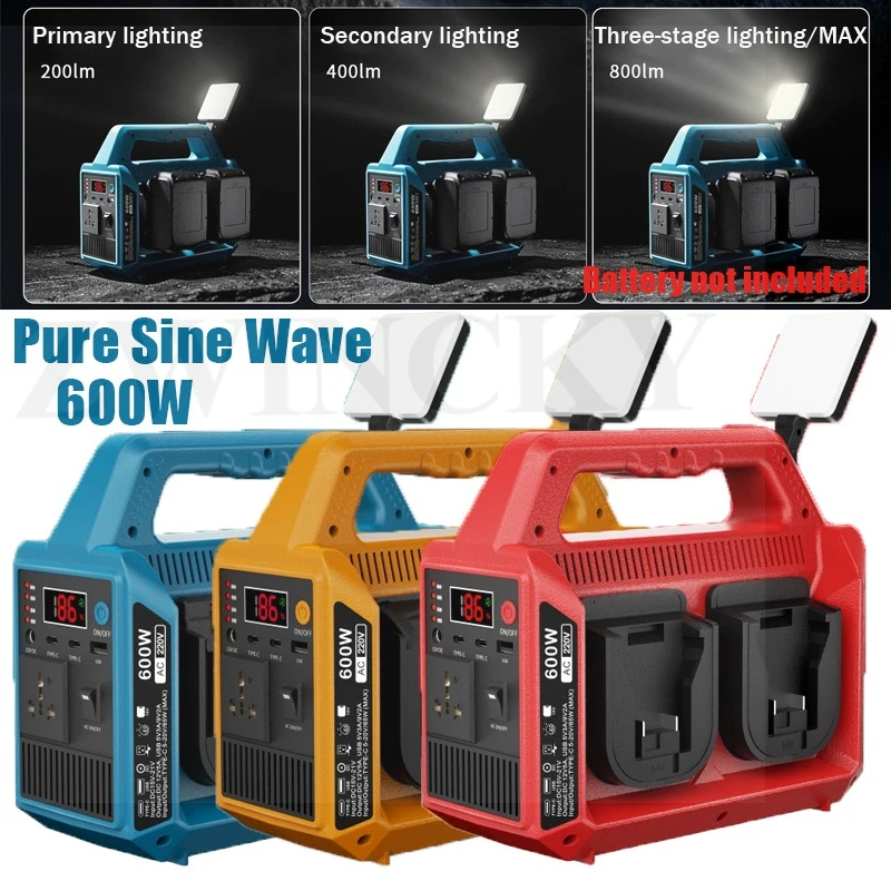 600W Power Inverter for Milwaukee Makita Dewal Bosch Hans Worx 18V Li-ion Battery DC18V to AC 110V~230V 4-Port Supply Inverter