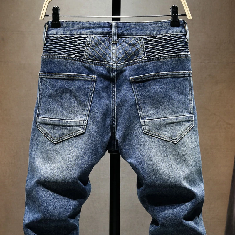 Street Designer Fashion Men Jeans Retro Blue Spliced Stretch Slim Fit Ripped Jeans Men Patched Hip Hop Denim Biker Pants Hombre