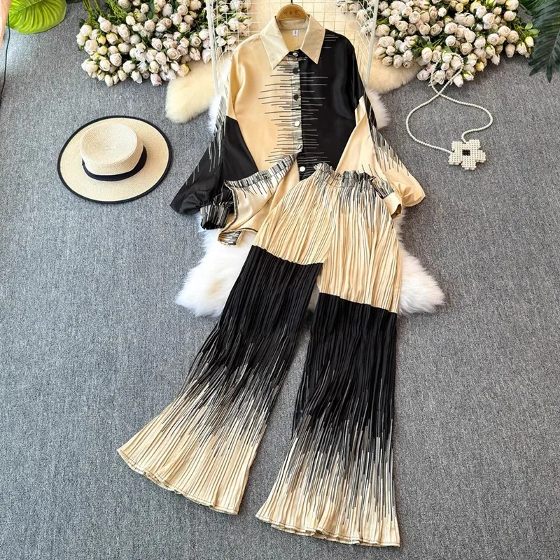 2026 Europe and America Style Oversize Print Shirt Tops High Waist Long Pants Two Pieces Sets
