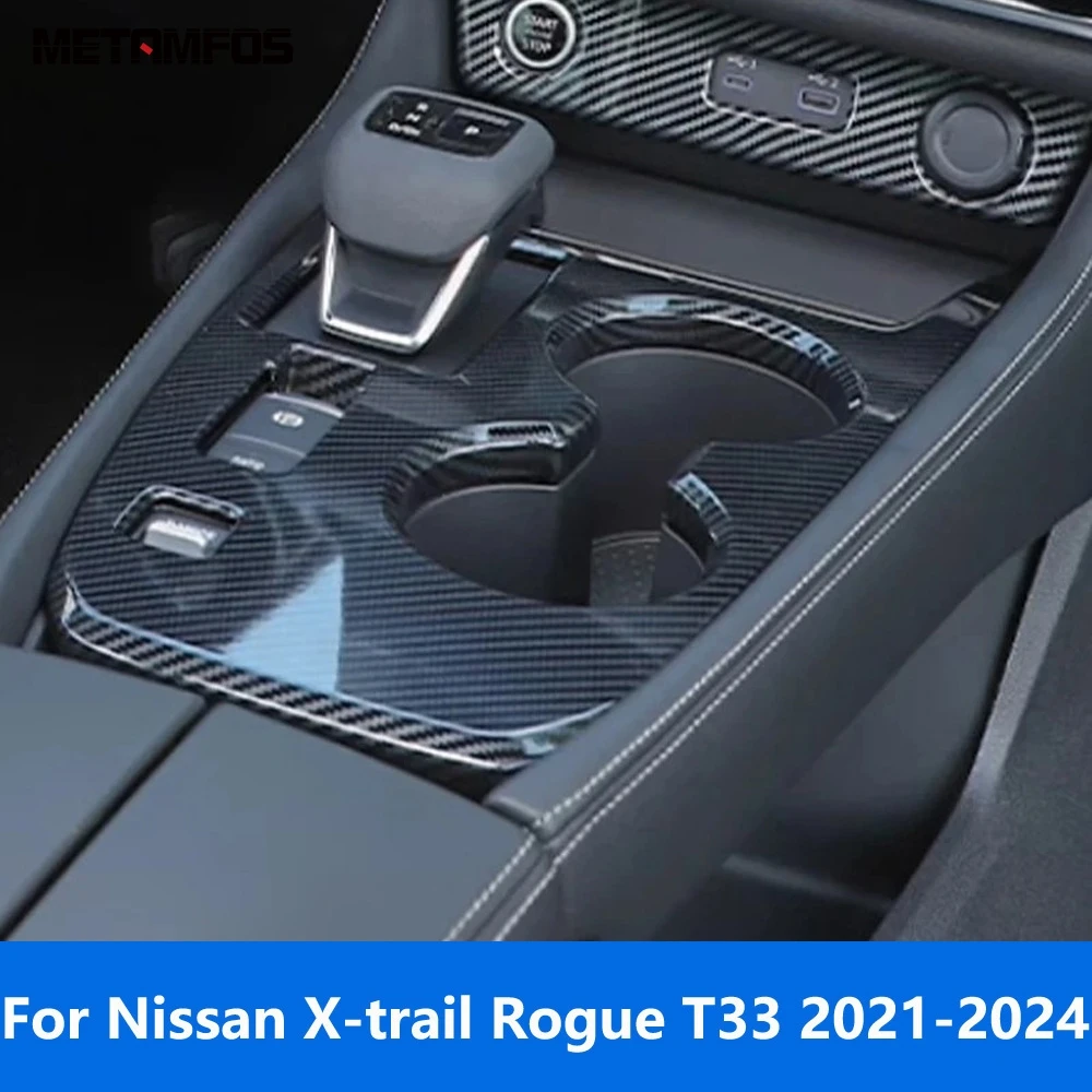 

For Nissan X-trail Xtrail Rogue T33 2021-2023 2024 Carbon Fiber Console Gear Shift Box Cover Trim Water Cup Holder Accessories