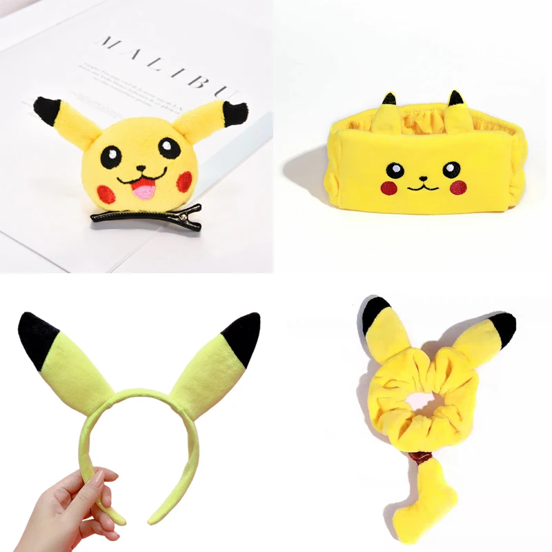 Anime Pokemon Elastic Hair Band 4 Types Cute Pikachu Plush Hair Clip Women Girls Stretch Hair Tie Headwear for Birthday Gifts