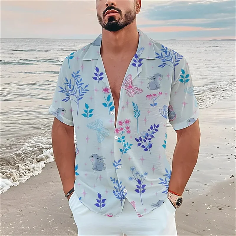 New men's Hawaiian shirt flower graphics 3D printing light yellow short-sleeved cardigan clothes tropical beach T-shirt SX-5XL