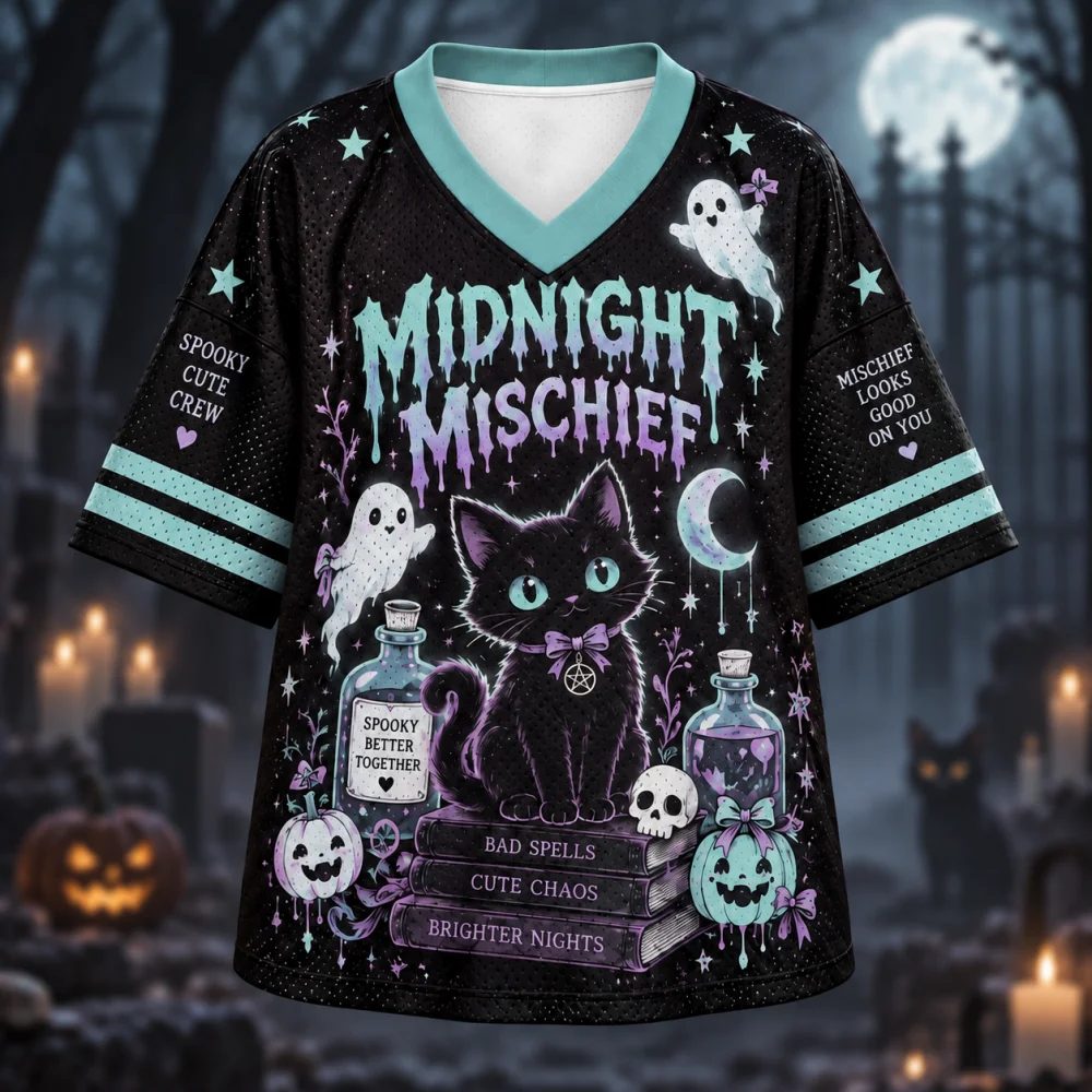 Midnight Mischief Halloween Oversized Mesh Jersey, Pastellfarbenes Goth-Design mit schwarzem Katzen-Geister-Trankflaschen-Print, V-Ausschnitt, kurze Ärmel, Streetwear – Detail 4